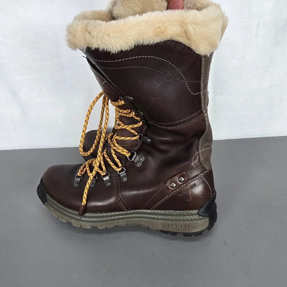 Merrell Natalya Waterproof Winter Womens Boots Size 9.5 Brown Leather Faux Fur